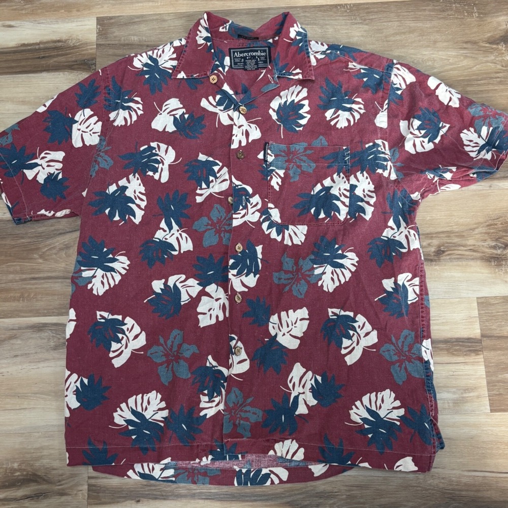 Abercrombie & Fitch Shirt Mens S Tropical Leaf Cotton Big Shirt Burgundy Vintage